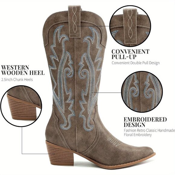 Embroidered Western Cowboy Boots Fashion Pointed Toe Chunky Heel Mid Calf - Picture 3 of 4